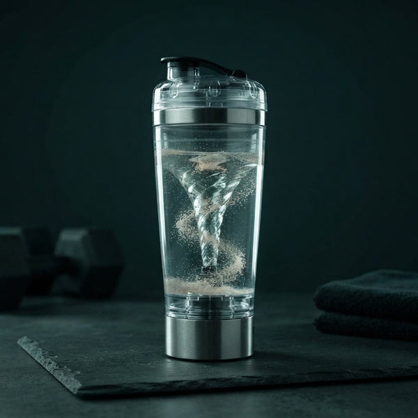 A close-up view of a high-speed liquid vortex created by a motorized electric shaker, showing powder dissolving into water.
