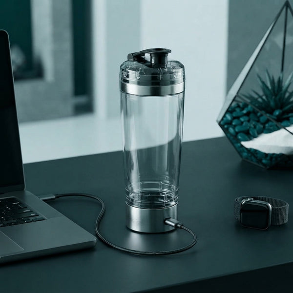 A sleek electric shaker bottle connected to a USB-C charging cable on a modern desk with tech accessories.
