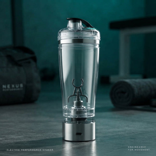 A close-up view of a NEXUS MIX protein shaker on a concrete gym floor, highlighting its durable Tritan material and rugged de